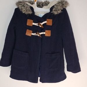 Navy Blue Kids Duffle Coat with Faux Fur Hood